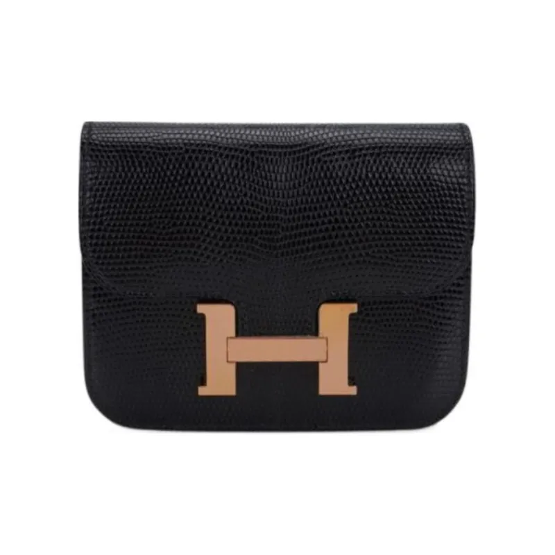 HERMES Constance Slim Lizard Skin Wallet, Card Holder, Fanny Pack Regular Women's Noir Black-0