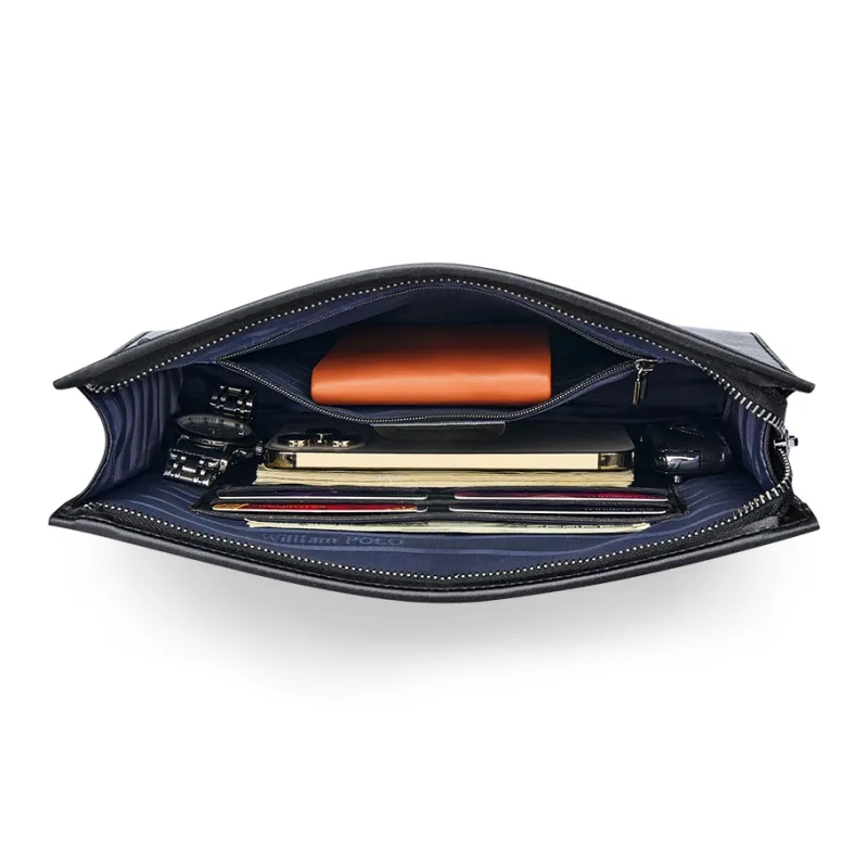 WilliamPOLO Cow Leather Geometric Diamond Pattern Clutch With Handle And Envelope Bag Men's Black-3