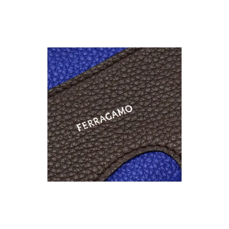 FERRAGAMO Stamped Calfskin Card Holder Men's Black & Blue-4
