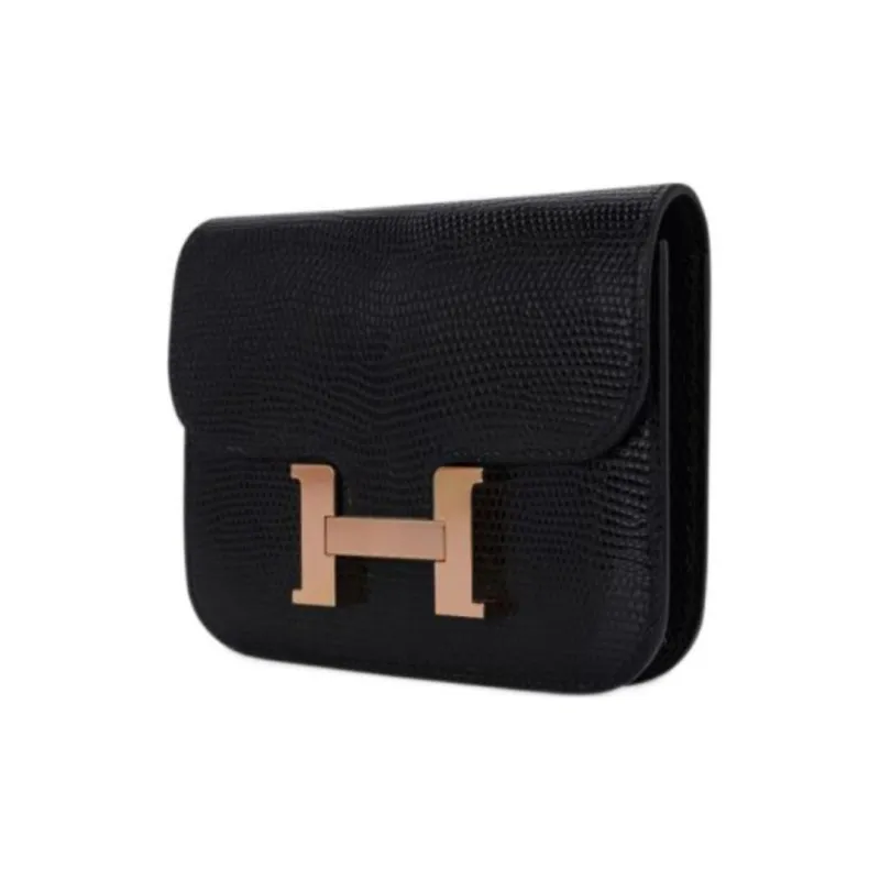 HERMES Constance Slim Lizard Skin Wallet, Card Holder, Fanny Pack Regular Women's Noir Black-1