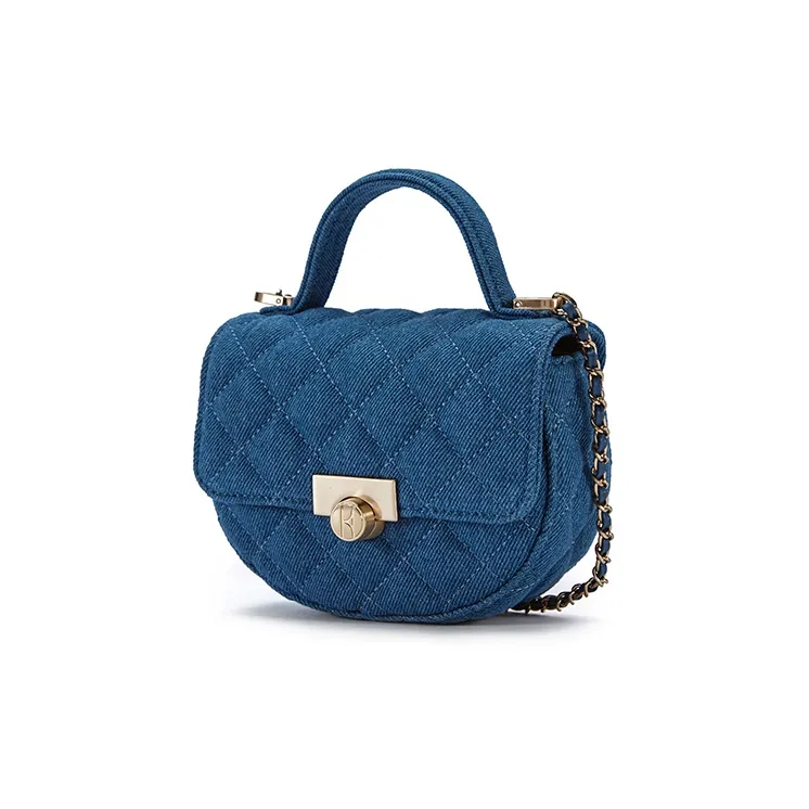ELLE Top Grain Cow Leather/Fabric Shoulder Bag, Crossbody Bag, Handbag Regular Women's Blue/White/Rose Red/Denim-1