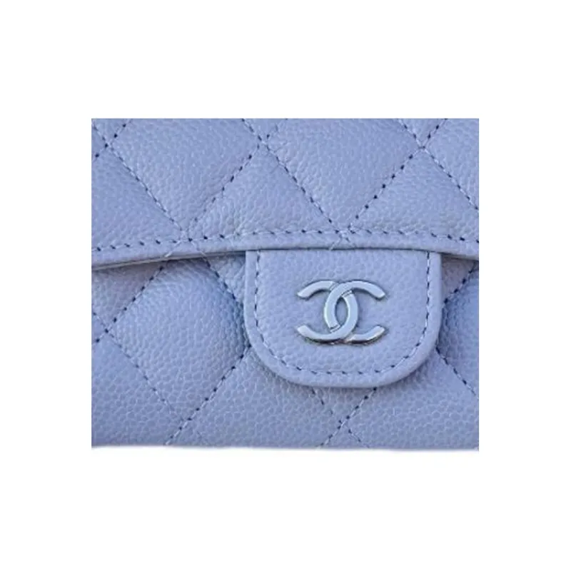 CHANEL Fish Paste Cow Leather Card Holder Women's Gray Blue-2