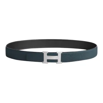 HERMES Double Sided Design Smooth Buckle Leather Belts Unisex Blue Width  3.2CM