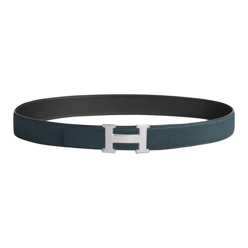 HERMES Double Sided Design Smooth Buckle Leather Belts Unisex Blue Width  3.2CM-0