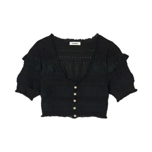 Sandro Ruffled Pointelle-knit Cropped Cardigan