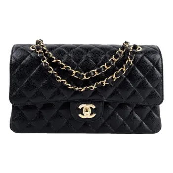 CHANEL Classic Double Flap Quilted Caviar Gold tone Medium Black