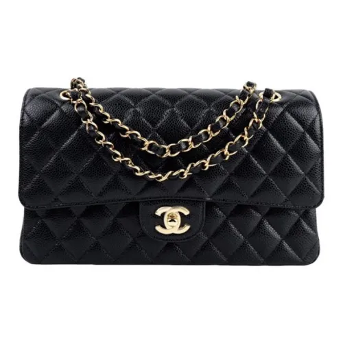 CHANEL Classic Double Flap Quilted Caviar Gold-tone Medium Black