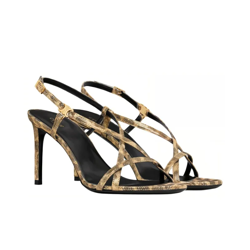 CELINE Triomphe Strap Sandals 8.5cm Women's Gold Black-2