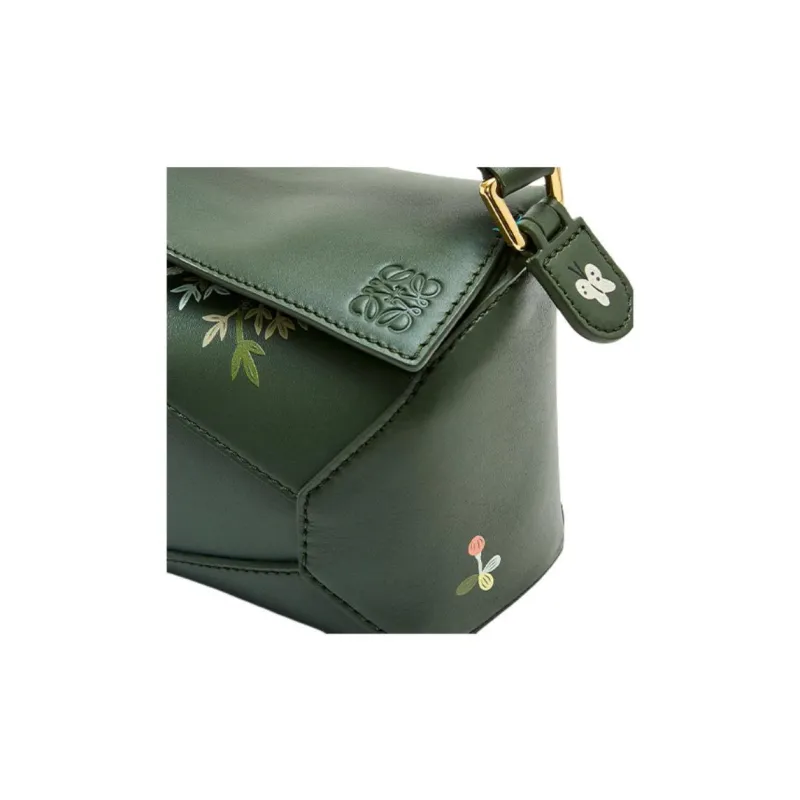LOEWE Suna Fujita Collaboration Puzzle Satin Cow Leather Shoulder Bag Crossbody Bag Handbag Mini Women's Dark Green-6