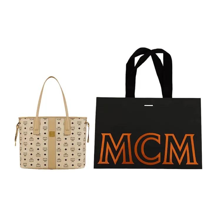 MCM Liz Visetos Canvas Letter Bag, Tote Bag, Shopping Bag, Shoulder Bag Medium Size Women's Beige & Black-5
