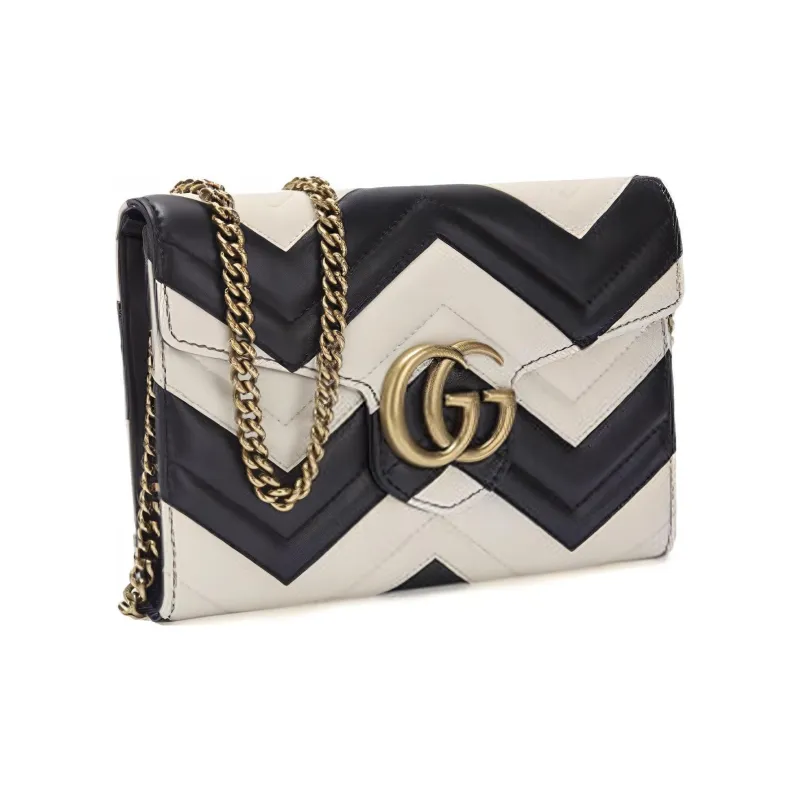 GUCCI GG Marmont Leather Shoulder Bag Crossbody Bag Small Size Women's Black White-1