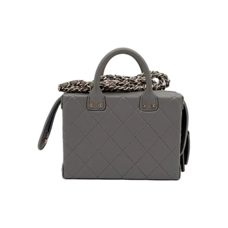 CHANEL Cow Leather Makeup Bag Briefcase Handbag Trumpets Women's Gray-2