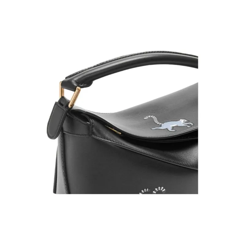 LOEWE Suna Fujita Collaboration Puzzle Satin Cow Leather Shoulder Bag Crossbody Bag Handbag Small Size Women's Black-6