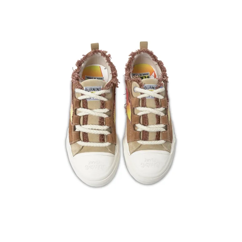 BURNING FLAME Height Increasing Abrasion Resistant Slip Resistant Low Top Canvas Shoes Unisex Brown-3