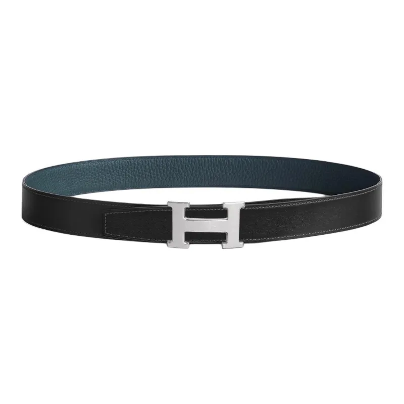 HERMES Double Sided Design Smooth Buckle Leather Belts Unisex Blue Width  3.2CM-1