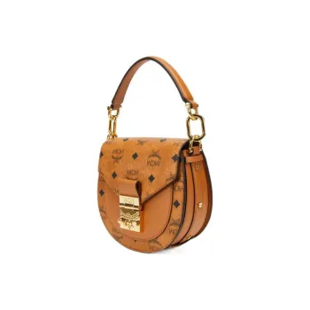 MCM Patricia Visetos Cow Leather Saddle Bag, Portable Crossbody Bag, Shoulder Bag Women's Brown Cognac