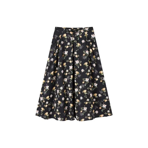 PEACEBIRD Casual Long Skirts Women's Black With Pattern