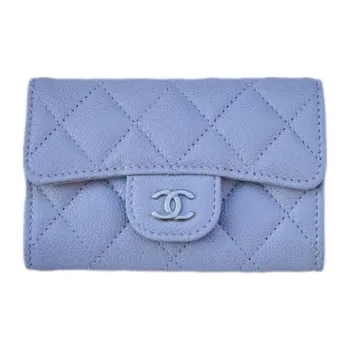 CHANEL Fish Paste Cow Leather Card Holder Women's Gray Blue