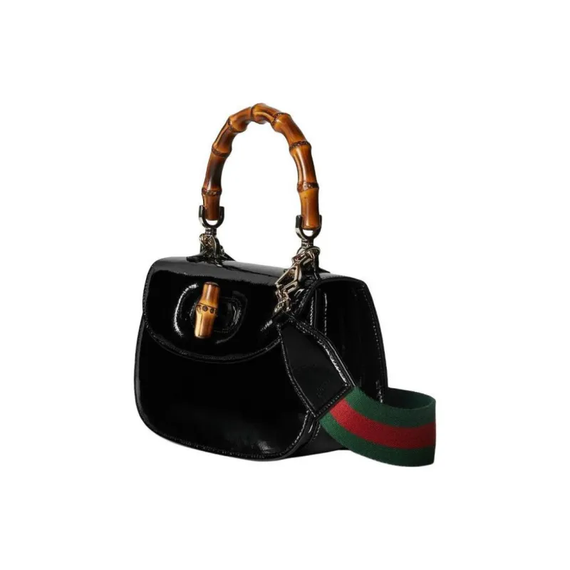 GUCCI Bamboo 1947 Patent Leather Shoulder Bag, Crossbody Bag, Handbag Trumpets Women's Black-1