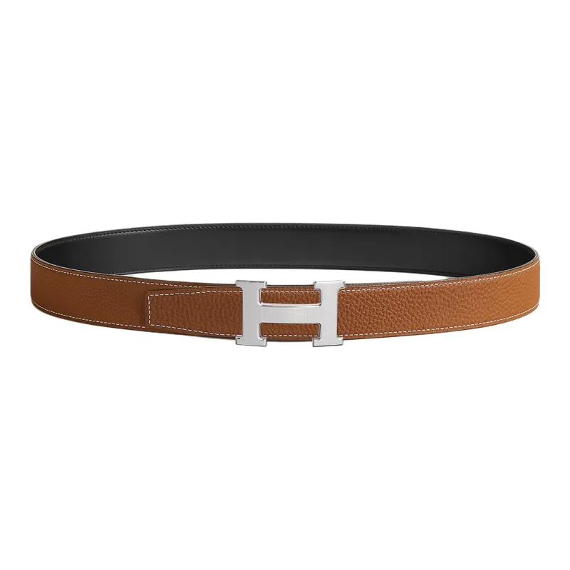 HERMES Grain Effect Design Smooth Buckle Leather Belts Unisex Black/Brown Width  3.2cm-1