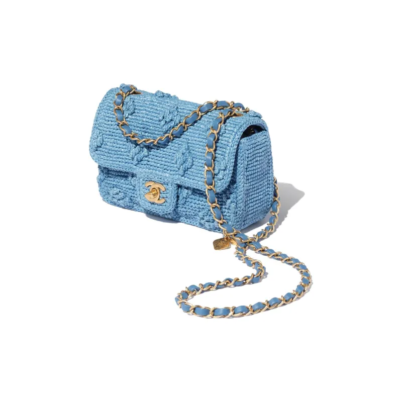 CHANEL Raffia Effect Woven Shoulder Bag, Crossbody Bag Mini Women's Blue-1
