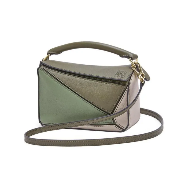 LOEWE Puzzle Calfskin Geometric Bag Puzzle Bag Handbag Shoulder Bag Crossbody Bag Mini Women's Green/Light Oatmeal-1