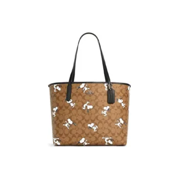 COACH X Peanuts Artificial Leather Tote Bag Handbag Shoulder Bag Women's Khaki Monogram