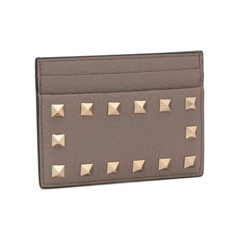 Valentino Rockstud Grain Cow Leather Card Holder Card Holder Women's Moon Gray Umber-1
