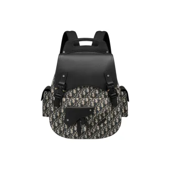 DIOR Gallop Oblique Printed Fabric Grain Embossed Cow Leather Backpack Large Size Men's Beige & Black
