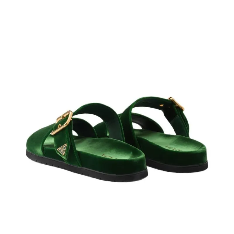 PRADA Enamel Triangle-logo Velvet Slides-3