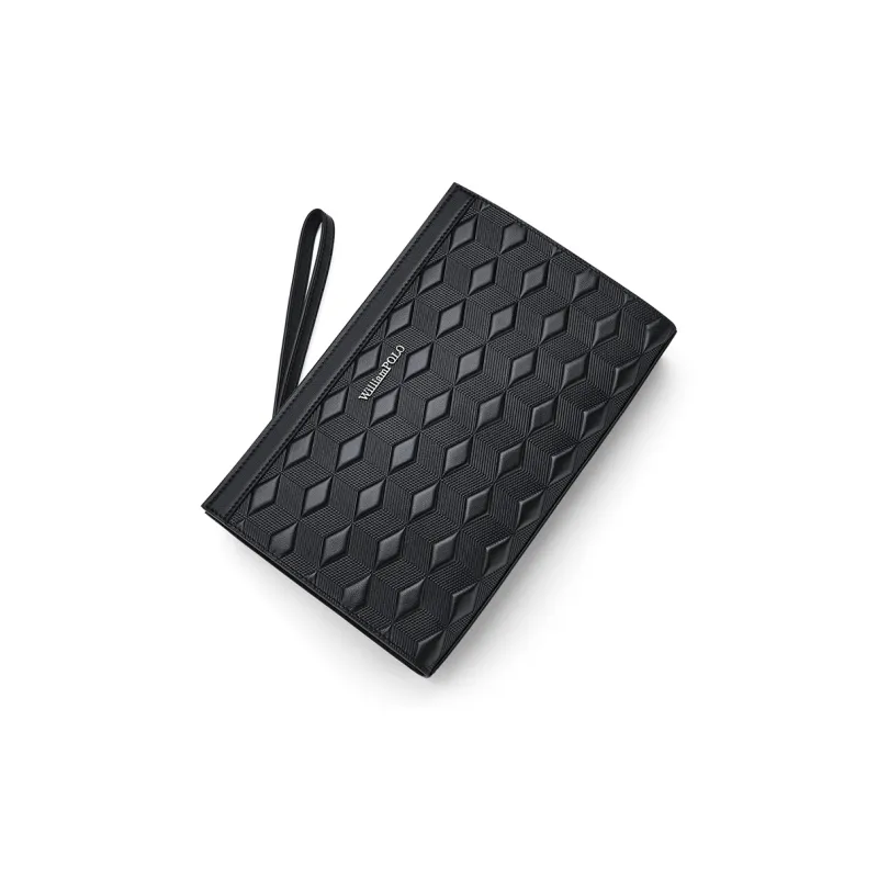 WilliamPOLO Cow Leather Geometric Diamond Pattern Clutch With Handle And Envelope Bag Men's Black-2