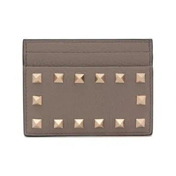 Valentino Rockstud Grain Cow Leather Card Holder Card Holder Women's Moon Gray Umber