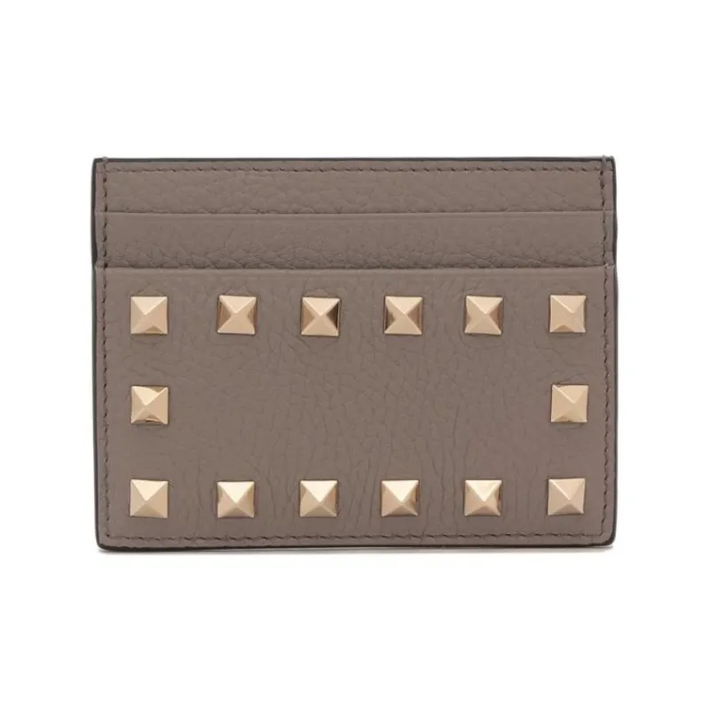 Valentino Rockstud Grain Cow Leather Card Holder Card Holder Women's Moon Gray Umber-0