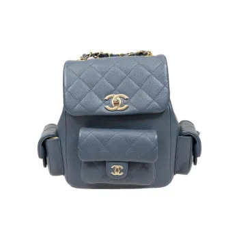 CHANEL Grained Cow Leather Backpack Large Size Women's Gray Blue