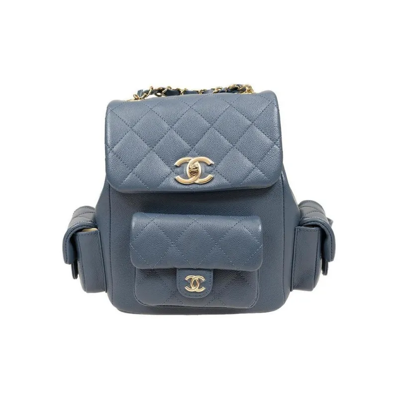 CHANEL Grain Cow Leather Backpack Tubas Women's Gray Blue-0