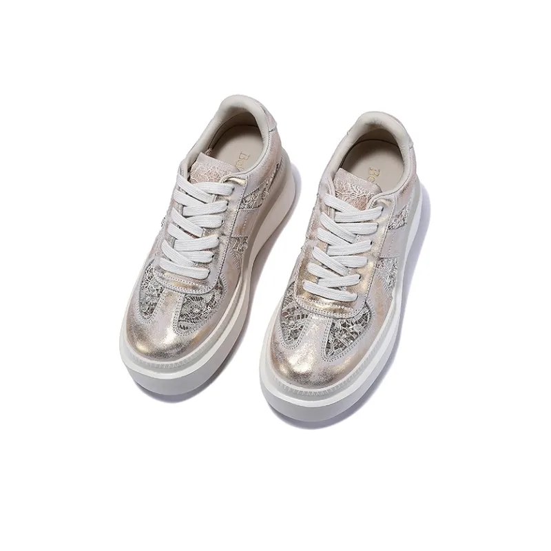 BELLALILY Anti Slip And Wear Resistant Height Increasing Low Top Skateboard Shoes Women's Silver, Gold-8