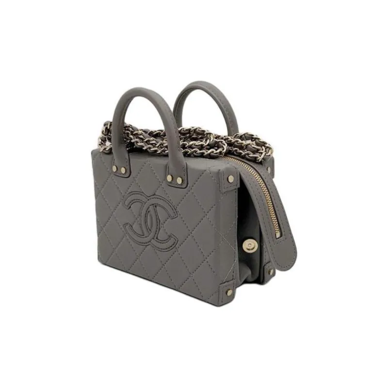 CHANEL Cow Leather Makeup Bag Briefcase Handbag Trumpets Women's Gray-1