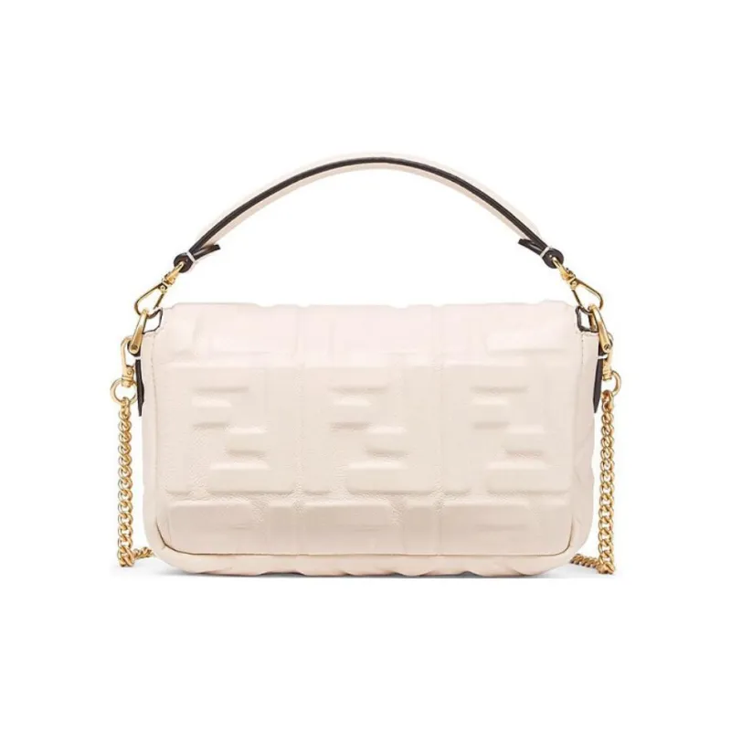 FENDI Nappa Leather Baguette Bag Chain One Shoulder Handbag Crossbody Bag Mini Women's Ecru-2