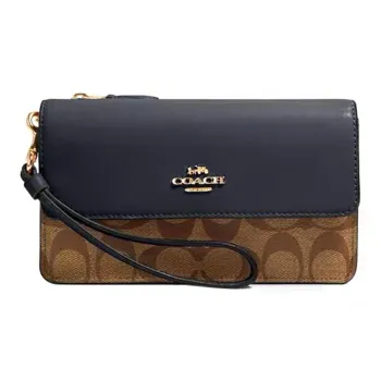 COACH Foldover PVC Coin Purse Handbag Clutch Small Size Women's Khaki Brown Dark Blue