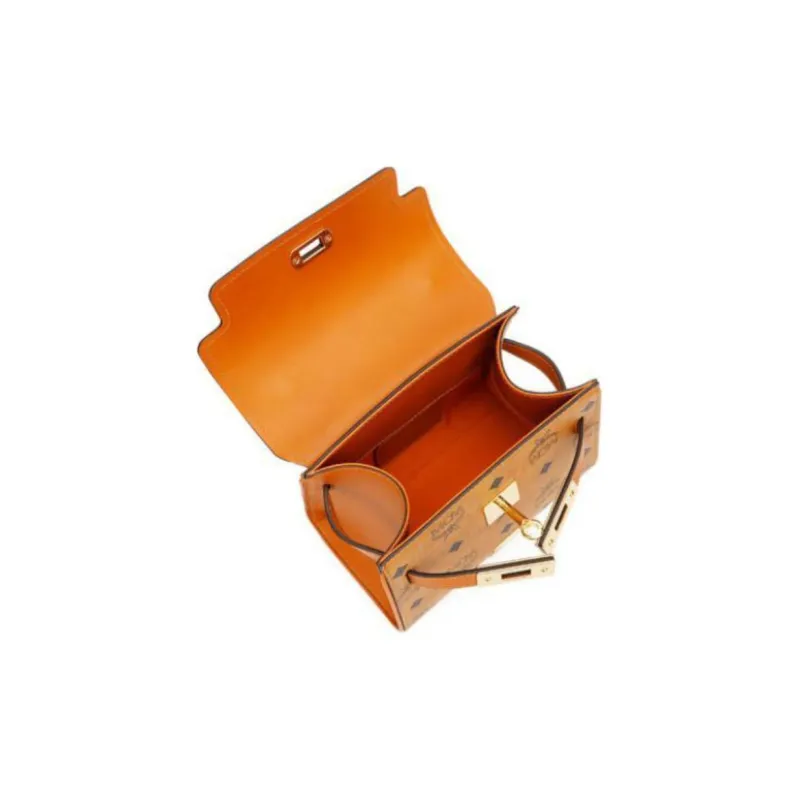 MCM Essential Visetos Origina Cow Leather Handbag, Shoulder Bag, Crossbody Bag Mini Women's Brown Cognac-2