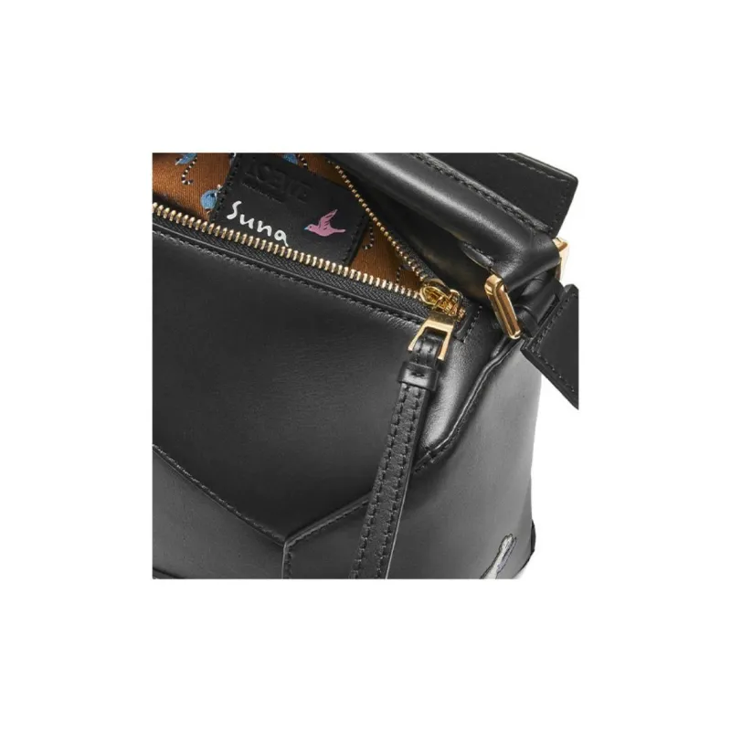 LOEWE Suna Fujita Collaboration Puzzle Satin Cow Leather Shoulder Bag Crossbody Bag Handbag Small Size Women's Black-7