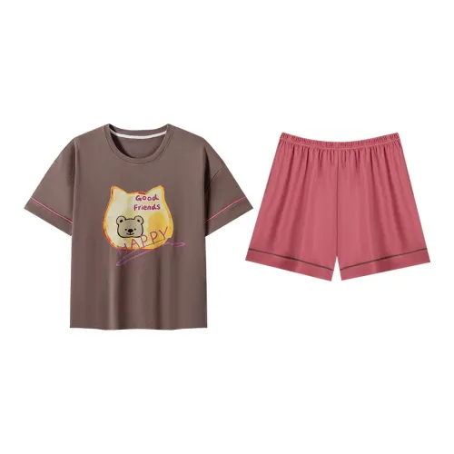 ROUKEER Pajama Set Women's Small Bean Color
