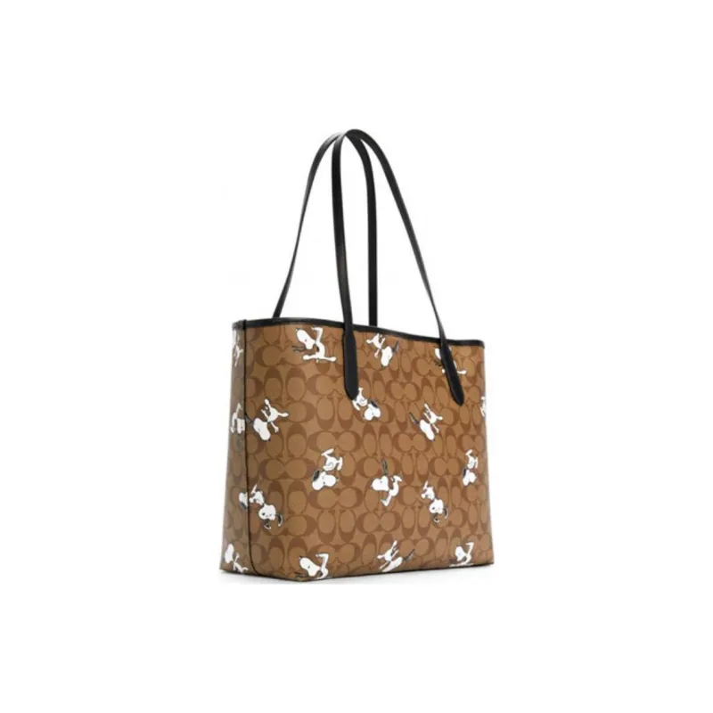 COACH X Peanuts Artificial Leather Tote Bag Handbag Shoulder Bag Women's Khaki Monogram-1