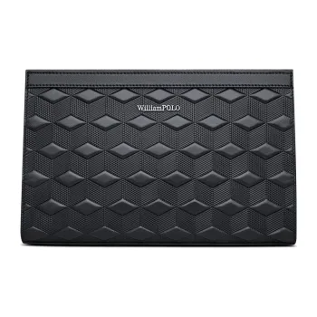 WilliamPOLO Cow Leather Geometric Diamond Pattern Clutch With Handle And Envelope Bag Men's Black
