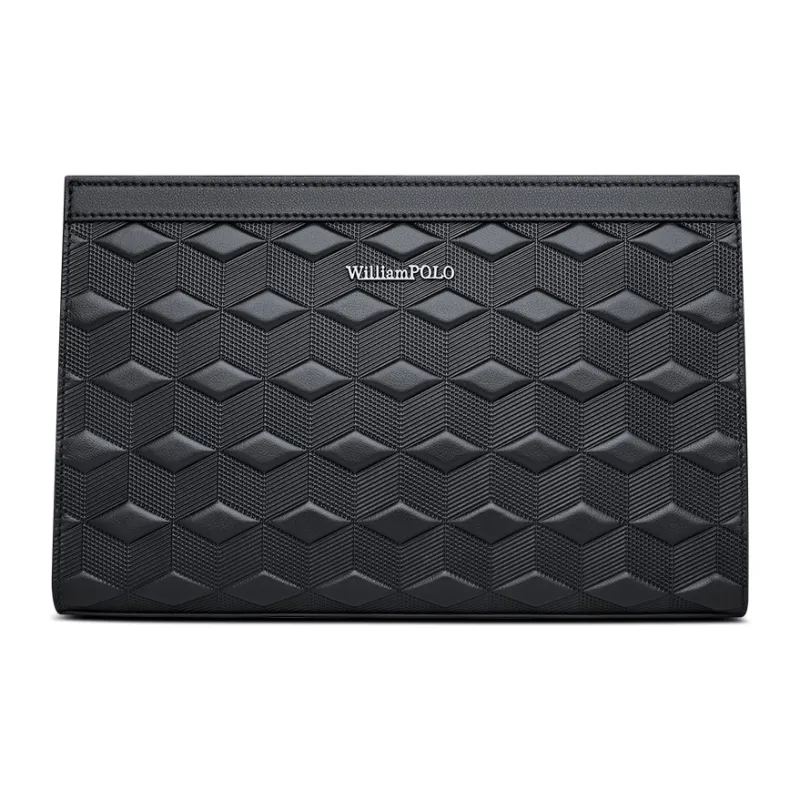 WilliamPOLO Cow Leather Geometric Diamond Pattern Clutch With Handle And Envelope Bag Men's Black-0