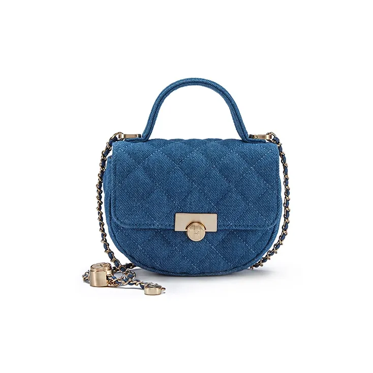 ELLE Top Grain Cow Leather/Fabric Shoulder Bag, Crossbody Bag, Handbag Regular Women's Blue/White/Rose Red/Denim-0