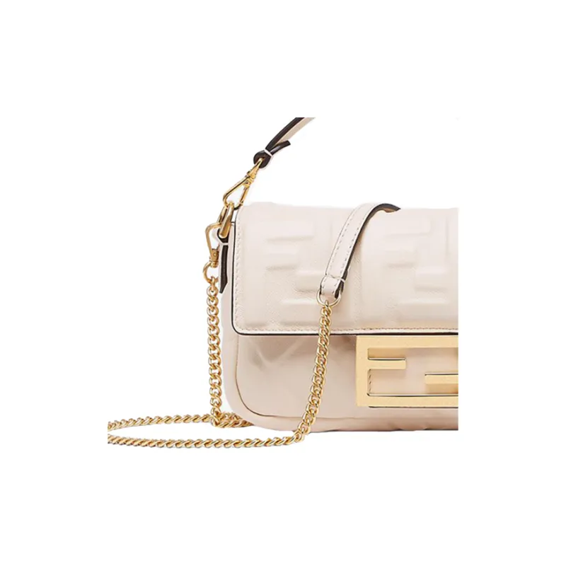 FENDI Nappa Leather Baguette Bag Chain One Shoulder Handbag Crossbody Bag Mini Women's Ecru-4