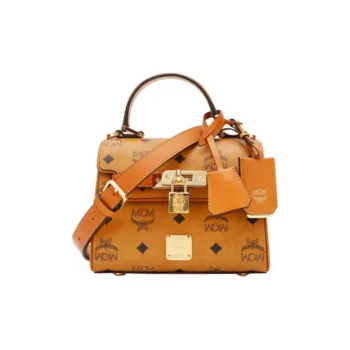 MCM Essential Visetos Origina Cow Leather Handbag, Shoulder Bag, Crossbody Bag Mini Women's Brown Cognac