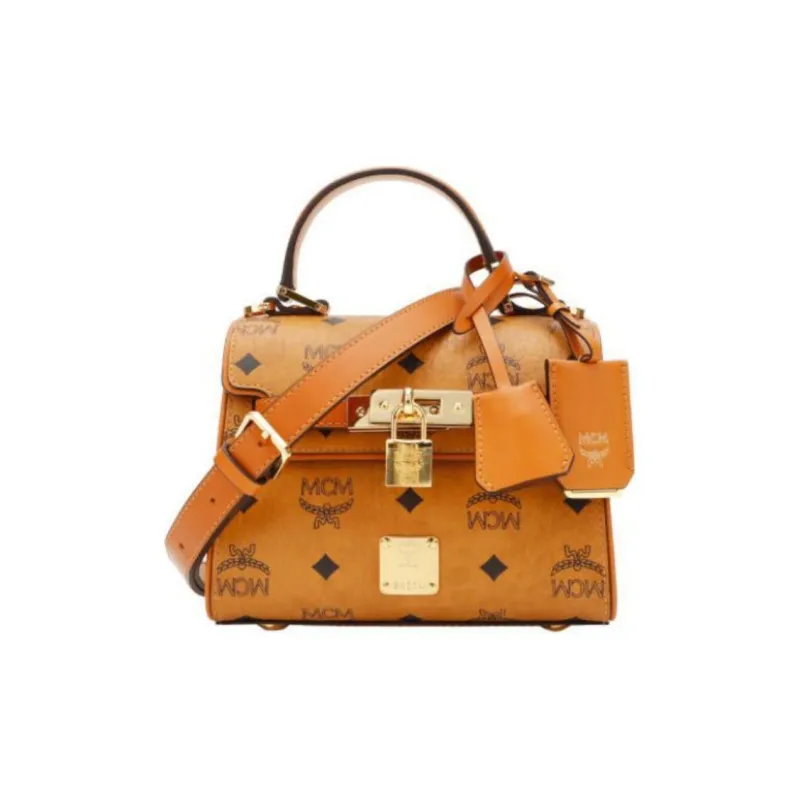 MCM Essential Visetos Origina Cow Leather Handbag, Shoulder Bag, Crossbody Bag Mini Women's Brown Cognac-0
