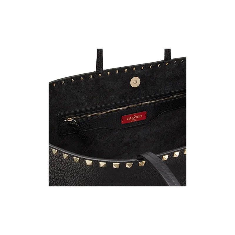 Valentino Rockstud Grain Calfskin Tote Shoulder Bag, Handbag Women's Black-4
